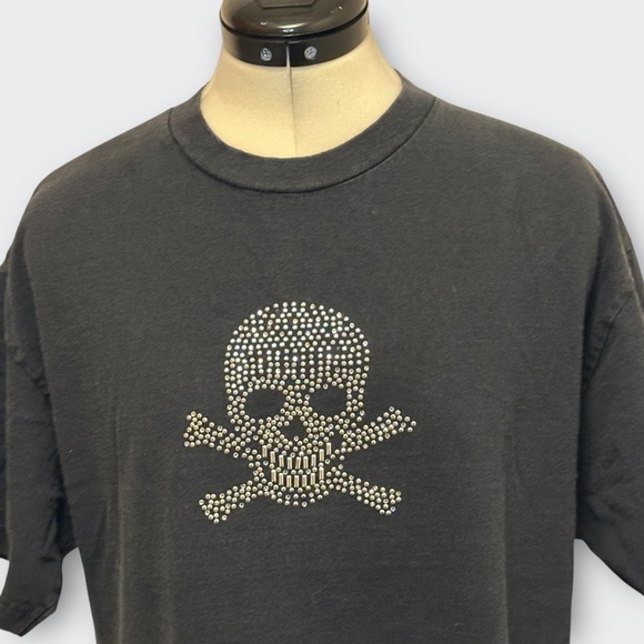 VINTAGE AAA Alstyle Black Rhinestone Skull Crossbone Graphic T-Shirt Y2K Biker L - Picture 5 of 9